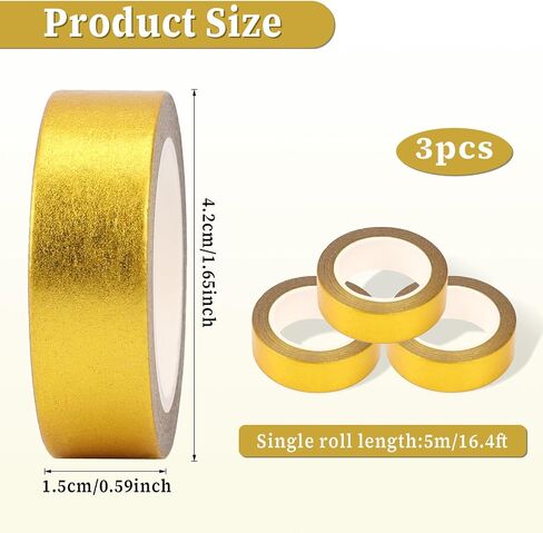 3PCS Gold washi Tape Solid Foil Washi Tape Decorative Self Adhesive Masking Tape Gold Metallic Mirror Tape for Scrapbooking DIY Craft Decoration Gift Wrapping, 16.4ft x 0.6in in Saudi Arabia