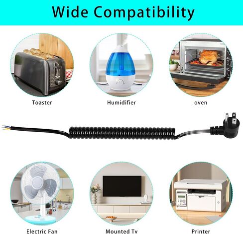 GELRHONR 6.5Ft Retractable 90 Degrees NEMA5-15P Male Replacement Pigtail Power Cord,Down Angle 18AWG 15 Amp Max 110V 115V 120V 3 Prong Heavy Duty Power Supply Wire with Open End (Black) in Saudi Arabia