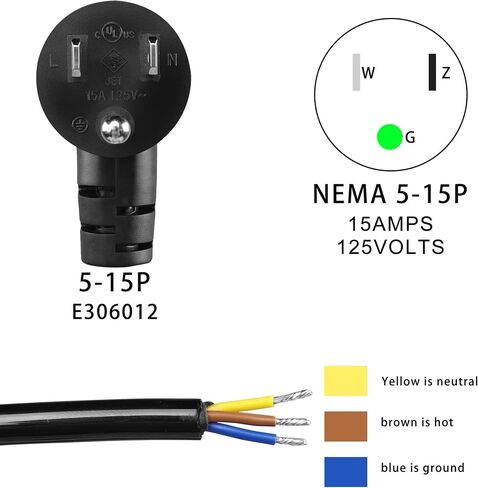 GELRHONR 6.5Ft Retractable 90 Degrees NEMA5-15P Male Replacement Pigtail Power Cord,Down Angle 18AWG 15 Amp Max 110V 115V 120V 3 Prong Heavy Duty Power Supply Wire with Open End (Black) in Saudi Arabia