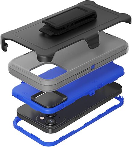 Compatible with iPhone 15 Case, with Belt Clip Holster Heavy Duty Rugged Shockproof Full Body Protection Kickstand Cover for iPhone 15 6.1 inch Phone (Grey+Blue) in Saudi Arabia