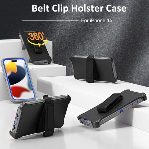 Compatible with iPhone 15 Case, with Belt Clip Holster Heavy Duty Rugged Shockproof Full Body Protection Kickstand Cover for iPhone 15 6.1 inch Phone (Grey+Blue) in Saudi Arabia