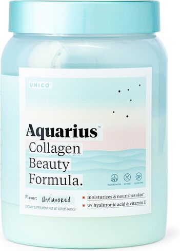 UNICO Aquarius Collagen Peptide Beauty Booster مع حمض الهيالورونيك لصحة البشرة | نوع غير منكه | 24 حصة | النوع الأول والنوع الثالث الببتيدات | زيادة الرطوبة وتقليل التجاعيد | سريع الذوبان in Kuwait