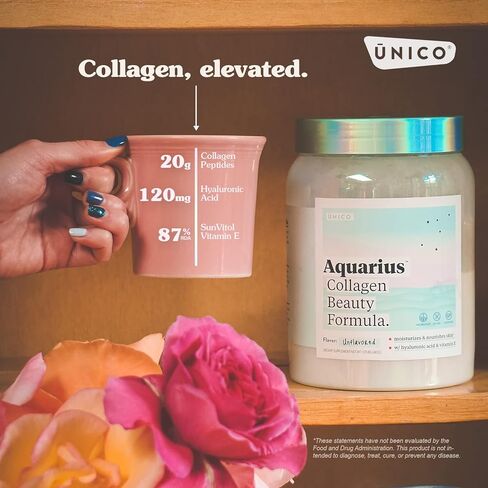 UNICO Aquarius Collagen Peptide Beauty Booster مع حمض الهيالورونيك لصحة البشرة | نوع غير منكه | 24 حصة | النوع الأول والنوع الثالث الببتيدات | زيادة الرطوبة وتقليل التجاعيد | سريع الذوبان in Kuwait
