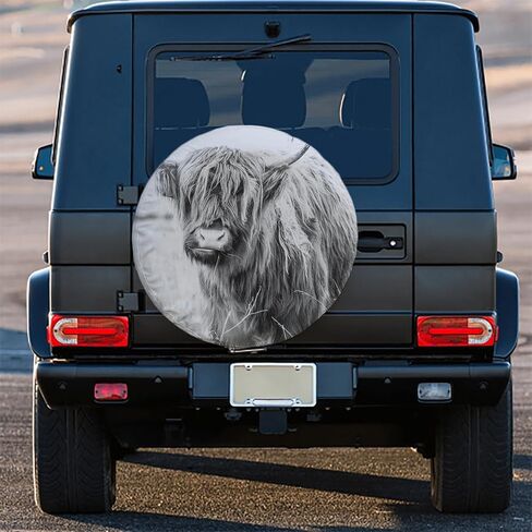 غطاء إطار احتياطي لبقرة هايلاند - تصميم حيوان ريفي باللونين الأبيض والأسود - واقي عجلة من جلد البولي فينيل كلوريد مقاوم للماء ومتين لسيارة RV، والمقطورة، وجيب، وسيارات الدفع الرباعي - 15 بوصة in Kuwait