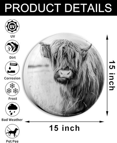 غطاء إطار احتياطي لبقرة هايلاند - تصميم حيوان ريفي باللونين الأبيض والأسود - واقي عجلة من جلد البولي فينيل كلوريد مقاوم للماء ومتين لسيارة RV، والمقطورة، وجيب، وسيارات الدفع الرباعي - 15 بوصة in Kuwait