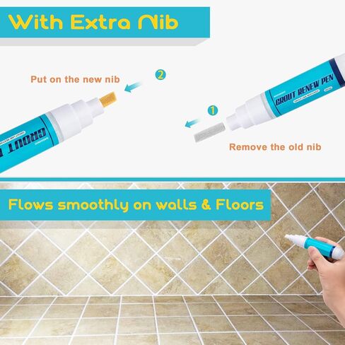 NADAMOO Grout Renew Pen White, 2 Large Size 20ml Paint Pens, Grout Shine Touch Up Repair Marker Tile Gap Coating- Restore Grout Line, with 2 Replacement Nibs and 1 Cleaning Brush in Kuwait