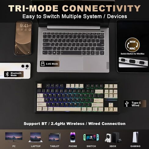YUNZII YZ87 75% Gasket Mechanical Keyboard,TKL Wireless Hot Swappable Bluetooth Gaming Keyboard with 4-Layer Padding,BT5.0/2.4Ghz/Type-C NKRO RGB Keyboard for Linux/Win/Mac(Black,Milk Switch) in Saudi Arabia
