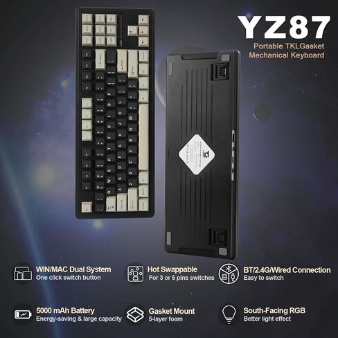 YUNZII YZ87 75% Gasket Mechanical Keyboard,TKL Wireless Hot Swappable Bluetooth Gaming Keyboard with 4-Layer Padding,BT5.0/2.4Ghz/Type-C NKRO RGB Keyboard for Linux/Win/Mac(Black,Milk Switch) in Saudi Arabia