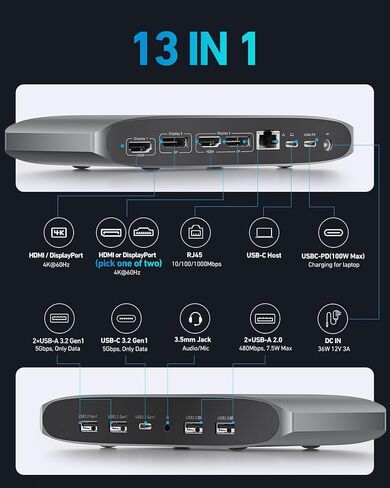uni USB C Docking Station Triple Display 13-in-1 Displaylink Docking with 4K 2×HDMI & 2×DisplayPort, 100W Charging for Laptop, USB-C Data, Ethernet, Audio,4 USB A Ports for MacOS, Windows in Saudi Arabia