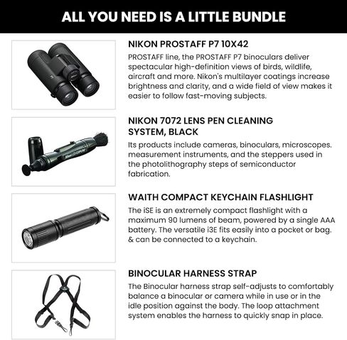 Nikon PROSTAFF P7 10x42 Waterproof Binocular for Adults | Small & Compact Travel Binoculars for Bird Watching | Binocular Harness Strap, Lens Pen Cleaning System, & Flashlight Bundle Set in Saudi Arabia
