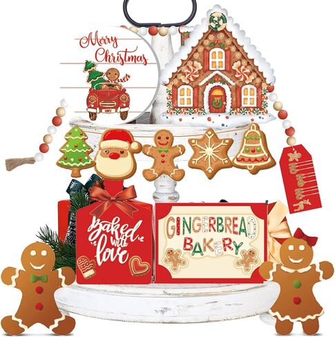 12 Pieces Christmas Tiered Tray Decor Christmas Santa Claus Table Decor Rustic Table Centerpiece Christmas Wooden Signs Farmhouse Tiered Tray Country Decor for Home Room Table Fireplace (Santa Claus) in Saudi Arabia
