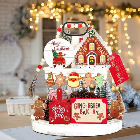 12 Pieces Christmas Tiered Tray Decor Christmas Santa Claus Table Decor Rustic Table Centerpiece Christmas Wooden Signs Farmhouse Tiered Tray Country Decor for Home Room Table Fireplace (Santa Claus) in Saudi Arabia