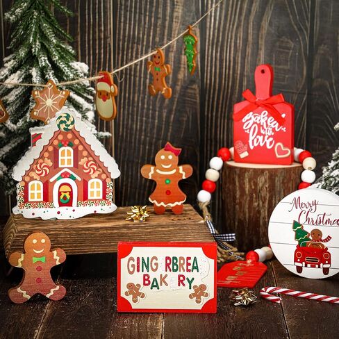 12 Pieces Christmas Tiered Tray Decor Christmas Santa Claus Table Decor Rustic Table Centerpiece Christmas Wooden Signs Farmhouse Tiered Tray Country Decor for Home Room Table Fireplace (Santa Claus) in Saudi Arabia
