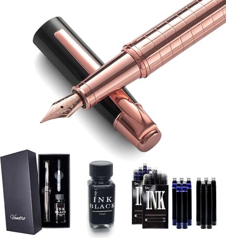 Vandro Complete Luxury Fountain Pen Set - Comfortable Grip with Smooth Fine Nib - Includes 10 Pack Ink Cartridges, Black Ink Bottle, Ink Refill Converter & Gift Box - Black in Kuwait