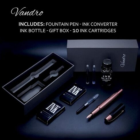 Vandro Complete Luxury Fountain Pen Set - Comfortable Grip with Smooth Fine Nib - Includes 10 Pack Ink Cartridges, Black Ink Bottle, Ink Refill Converter & Gift Box - Black in Kuwait