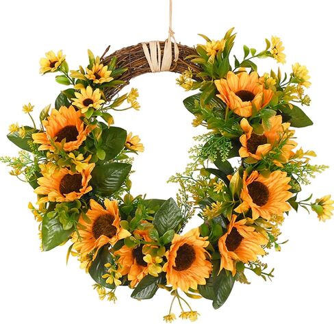 Sunm Boutique Artificial Sunflowers Wreath with A Piece of String, Spring Yellow Sunflowers Door Wreath Decorative Floral Wreath with Sunflowers & Green Leaves for Front Door Porch Window Wall, 14" in Kuwait