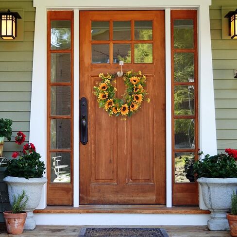 Sunm Boutique Artificial Sunflowers Wreath with A Piece of String, Spring Yellow Sunflowers Door Wreath Decorative Floral Wreath with Sunflowers & Green Leaves for Front Door Porch Window Wall, 14" in Kuwait