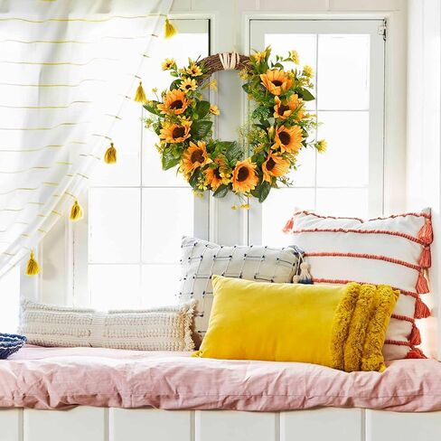 Sunm Boutique Artificial Sunflowers Wreath with A Piece of String, Spring Yellow Sunflowers Door Wreath Decorative Floral Wreath with Sunflowers & Green Leaves for Front Door Porch Window Wall, 14" in Kuwait