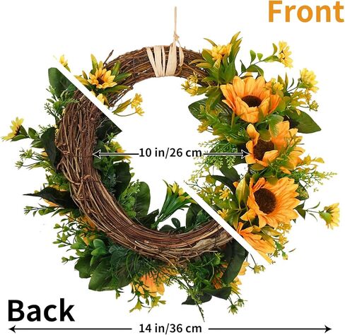 Sunm Boutique Artificial Sunflowers Wreath with A Piece of String, Spring Yellow Sunflowers Door Wreath Decorative Floral Wreath with Sunflowers & Green Leaves for Front Door Porch Window Wall, 14" in Kuwait