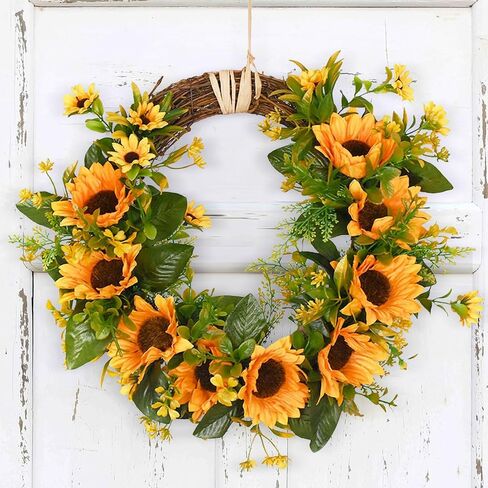Sunm Boutique Artificial Sunflowers Wreath with A Piece of String, Spring Yellow Sunflowers Door Wreath Decorative Floral Wreath with Sunflowers & Green Leaves for Front Door Porch Window Wall, 14" in Kuwait