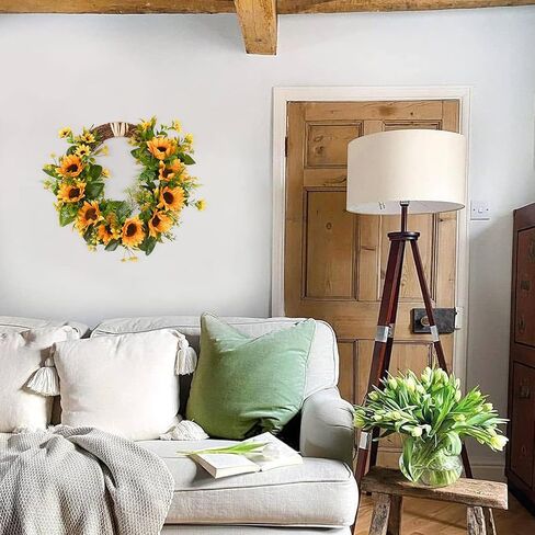 Sunm Boutique Artificial Sunflowers Wreath with A Piece of String, Spring Yellow Sunflowers Door Wreath Decorative Floral Wreath with Sunflowers & Green Leaves for Front Door Porch Window Wall, 14" in Kuwait