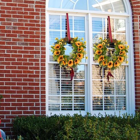Sunm Boutique Artificial Sunflowers Wreath with A Piece of String, Spring Yellow Sunflowers Door Wreath Decorative Floral Wreath with Sunflowers & Green Leaves for Front Door Porch Window Wall, 14" in Kuwait
