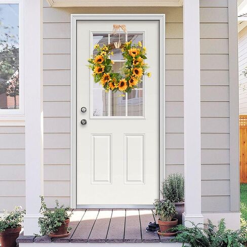Sunm Boutique Artificial Sunflowers Wreath with A Piece of String, Spring Yellow Sunflowers Door Wreath Decorative Floral Wreath with Sunflowers & Green Leaves for Front Door Porch Window Wall, 14" in Kuwait
