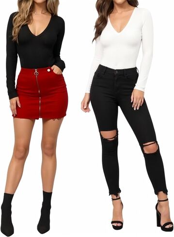MANGOPOP Women's Deep V Neck Long Sleeve Tops Bodysuit + Cut Out Long Sleeve Bodysuit in Saudi Arabia