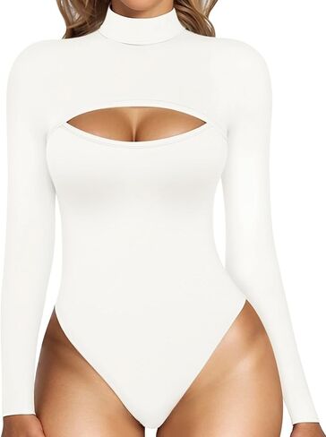 MANGOPOP Women's Deep V Neck Long Sleeve Tops Bodysuit + Cut Out Long Sleeve Bodysuit in Saudi Arabia