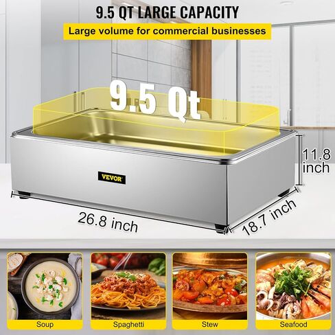 VEVOR Commercial Food Warmer, 1 Pot Steam Table with Lid, 9.5 Quart Full-Size Electric Food Warmers, Food-Grade Stainless Steel Bain Marie Buffet Equipment, Fits 21 x 13.2 Pan, 400W, for Restaurant in Saudi Arabia
