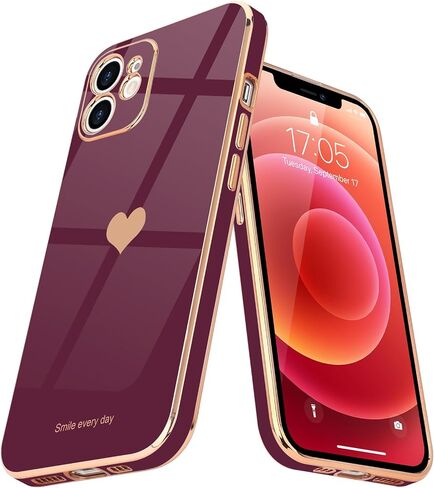 Teageo Compatible with iPhone 12 Case for Women Girl Cute Love-Heart Luxury Bling Plating Soft Back Cover Raised Full Camera Protection Bumper Silicone Shockproof Phone Case for iPhone 12, Hot Pink in Saudi Arabia