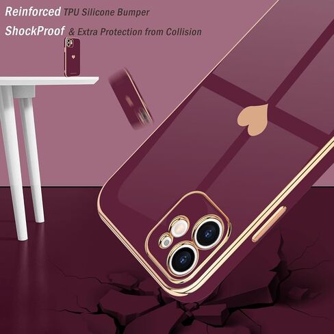 Teageo Compatible with iPhone 12 Case for Women Girl Cute Love-Heart Luxury Bling Plating Soft Back Cover Raised Full Camera Protection Bumper Silicone Shockproof Phone Case for iPhone 12, Hot Pink in Saudi Arabia