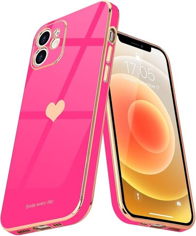Teageo Compatible with iPhone 12 Case for Women Girl Cute Love-Heart Luxury Bling Plating Soft Back Cover Raised Full Camera Protection Bumper Silicone Shockproof Phone Case for iPhone 12, Hot Pink in Saudi Arabia
