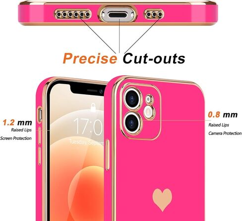 Teageo Compatible with iPhone 12 Case for Women Girl Cute Love-Heart Luxury Bling Plating Soft Back Cover Raised Full Camera Protection Bumper Silicone Shockproof Phone Case for iPhone 12, Hot Pink in Saudi Arabia
