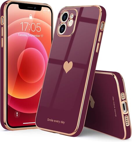Teageo Compatible with iPhone 12 Case for Women Girl Cute Love-Heart Luxury Bling Plating Soft Back Cover Raised Full Camera Protection Bumper Silicone Shockproof Phone Case for iPhone 12, Hot Pink in Saudi Arabia