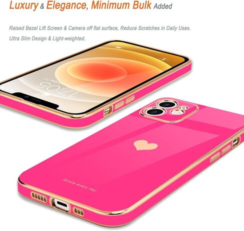 Teageo Compatible with iPhone 12 Case for Women Girl Cute Love-Heart Luxury Bling Plating Soft Back Cover Raised Full Camera Protection Bumper Silicone Shockproof Phone Case for iPhone 12, Hot Pink in Saudi Arabia