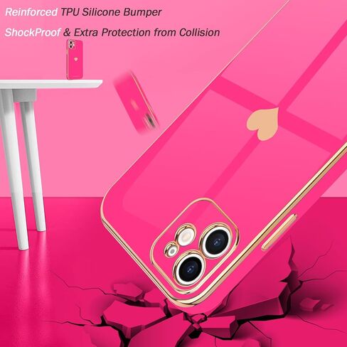 Teageo Compatible with iPhone 12 Case for Women Girl Cute Love-Heart Luxury Bling Plating Soft Back Cover Raised Full Camera Protection Bumper Silicone Shockproof Phone Case for iPhone 12, Hot Pink in Saudi Arabia