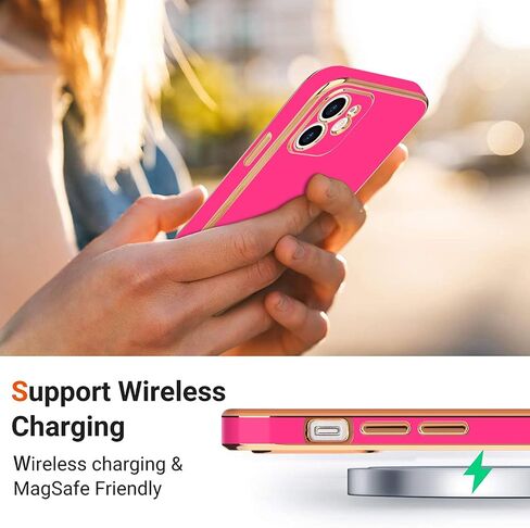 Teageo Compatible with iPhone 12 Case for Women Girl Cute Love-Heart Luxury Bling Plating Soft Back Cover Raised Full Camera Protection Bumper Silicone Shockproof Phone Case for iPhone 12, Hot Pink in Saudi Arabia
