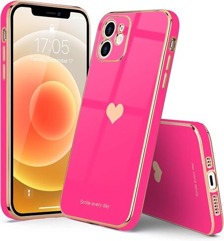 Teageo Compatible with iPhone 12 Case for Women Girl Cute Love-Heart Luxury Bling Plating Soft Back Cover Raised Full Camera Protection Bumper Silicone Shockproof Phone Case for iPhone 12, Hot Pink in Saudi Arabia