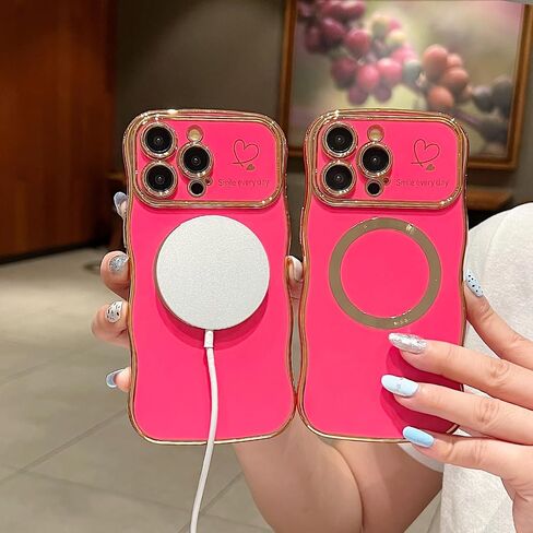 for iPhone 11 Case Magnetic,for Women Girls Soft Cute Wave Frame Curly Shape Love Heart Luxury Plating Phone Case Compatible with MagSafe Shockproof Back Cover 6.1"-Black in Saudi Arabia