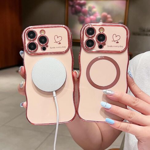 for iPhone 11 Case Magnetic,for Women Girls Soft Cute Wave Frame Curly Shape Love Heart Luxury Plating Phone Case Compatible with MagSafe Shockproof Back Cover 6.1"-Black in Saudi Arabia