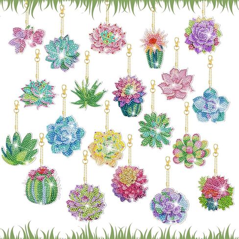Misdary 20 Set Spring Flowers Diamond Painting Keychain DIY Diamond Painting Kits for Adults, Diamond DIY Ornament Kit Potted Flower Diamond Art for Craft Home Party Decoration (Succulent) in Saudi Arabia