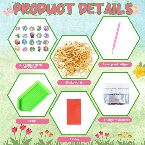 Misdary 20 Set Spring Flowers Diamond Painting Keychain DIY Diamond Painting Kits for Adults, Diamond DIY Ornament Kit Potted Flower Diamond Art for Craft Home Party Decoration (Succulent) in Saudi Arabia