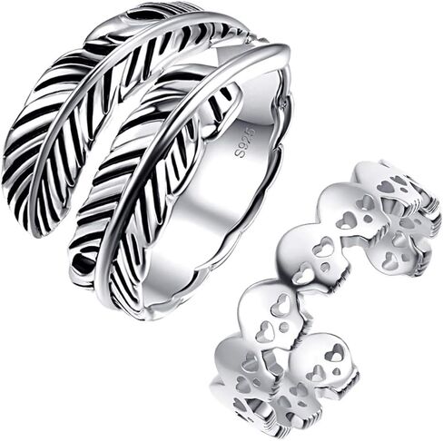 خاتم ريشة قابل للتعديل من الفضة الاسترليني عيار 925 مع خاتم جمجمة للنساء in Kuwait