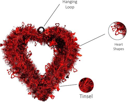 14" Valentines Wreath for Front Door, Tinsel Heart Wreath for Indoor Outdoor Decorations, Valentines Day Heart Shaped Wreath Sign Wall Hanging Decor by 4E's Novelty in Saudi Arabia
