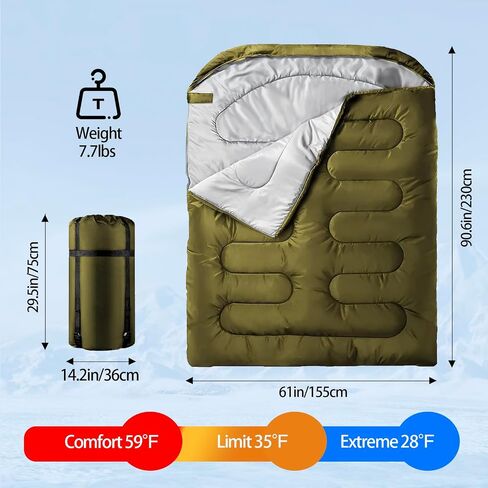 حقيبة نوم مزدوجة للرجال البالغين، حقيبة نوم مقاس XL لشخصين مناسبة لجميع المواسم والتخييم والمشي لمسافات طويلة وحقائب الظهر لشخصين للطقس البارد والدافئ in Saudi Arabia