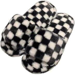 Women Fuzzy Slippers Checkered Indoor Plaid Slippers Plush Comfy Faux Fur Shoes Anti-Skid Sole Open Toe Slippers