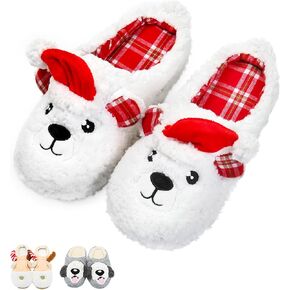 Fuzzy Animal Slippers for Women, Anti-Skid Cute Christmas Slippers Fluffy Dog Slippers Puppy Polar Bear Slippers Reindeer Slippers,Memory Foam Winter Indoor House Bedroom Shoes for Kids,Girls,Adults