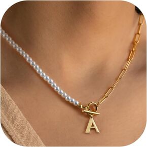 Dainty Initial Pearl Necklace for Women, 14K Gold Plated Paperclip Link Chain Necklace A-Z Pendent Necklace for Women