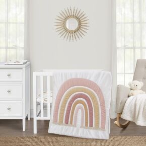 Sweet Jojo Designs Pink Boho Rainbow Baby Girl Mini Crib Bedding Set Infant Nursery Room Newborn Blanket Portable Pack n Play Sheets Blush Dusty Rose Bohemian Modern Neutral Vintage Gold Beige 3pc